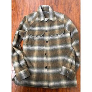 AllSaints Shirt Mens SZ S Green Gray Brown Plaid Tremont Relaxed Fit Wool Blend